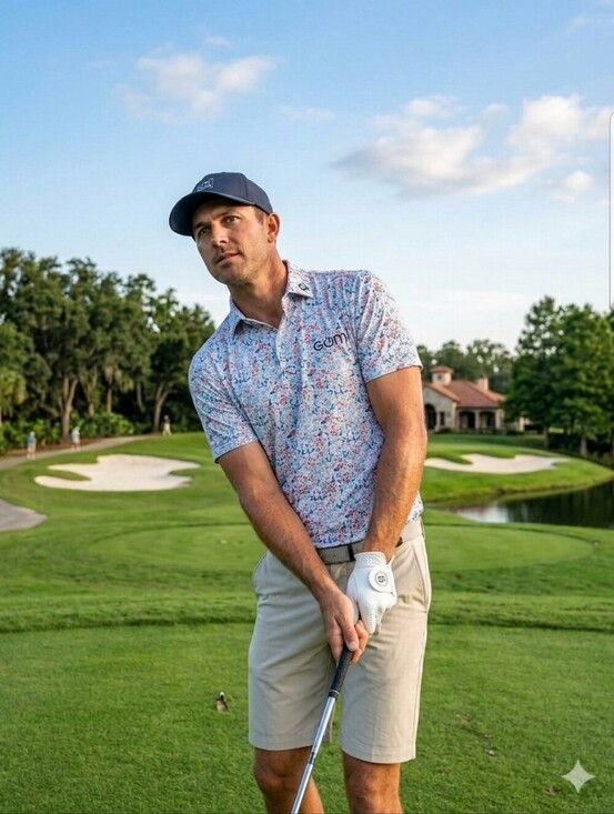 Maelreg Performance Other - Men's Golf Polo in White with Blue & Pink Abstract Print, L